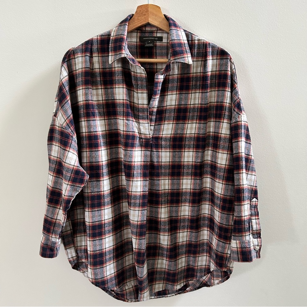French Connection Blue/Burgundy/Cream Plaid V-Neck Cotton Blend Shirt Size S